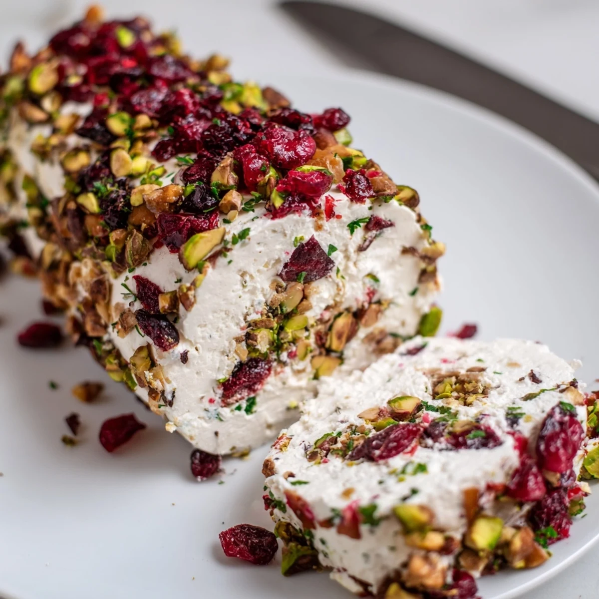 Zesty, tangy Cranberry Pistachio Cheese Log studded with bright cranberries and pistachios.