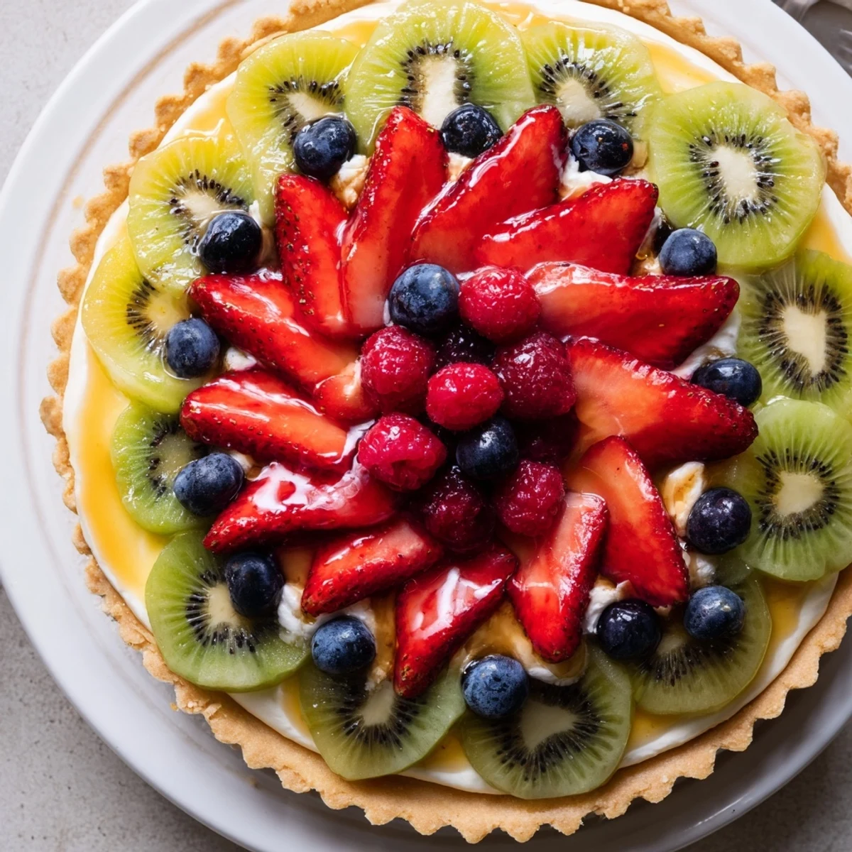 Bright kiwi, strawberries, raspberries artfully arranged, ready to serve Fruit Tart With Mascarpone