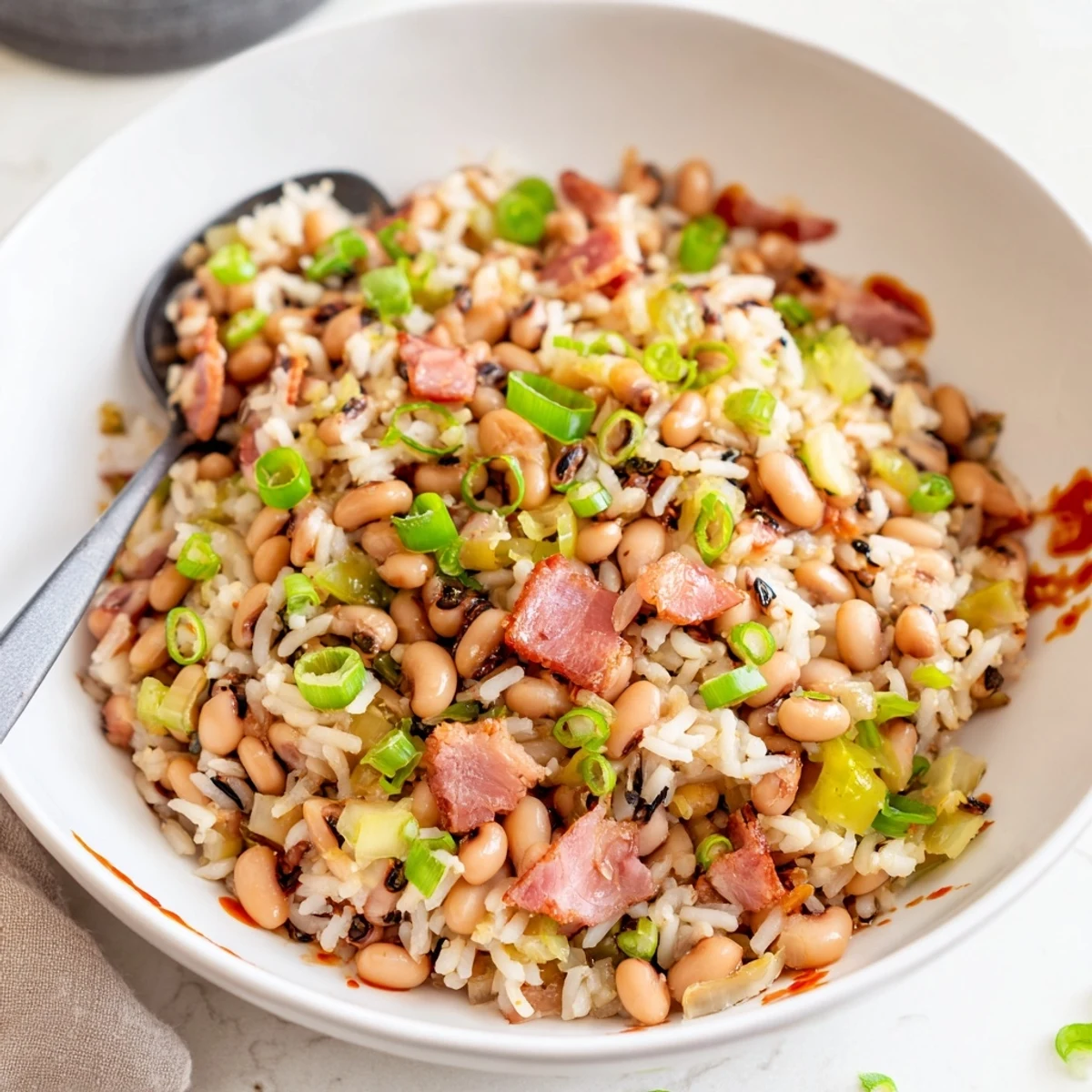 Bowl of Hearty Smoky Southern Hoppin John garnished with sliced green onions.  