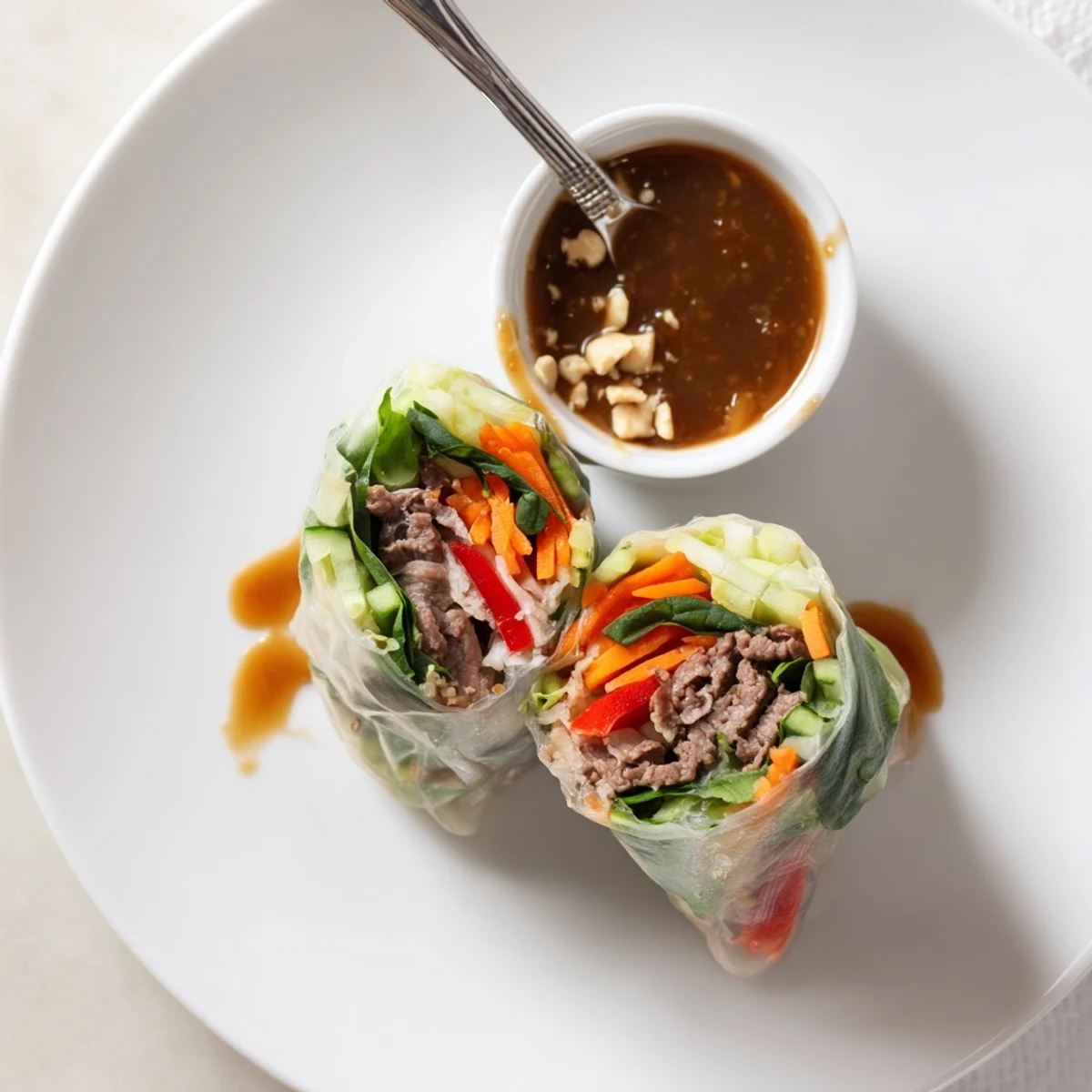 Thai Basil Beef Rolls with glossy rice paper, tender beef, crunchy vegetables