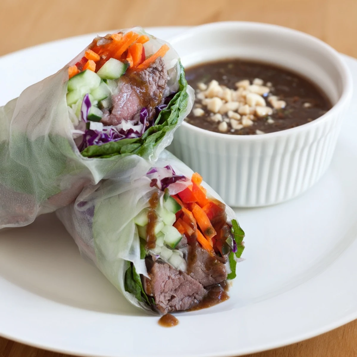 Sliced Thai Basil Beef Rolls plated with peanut dipping sauce and lime