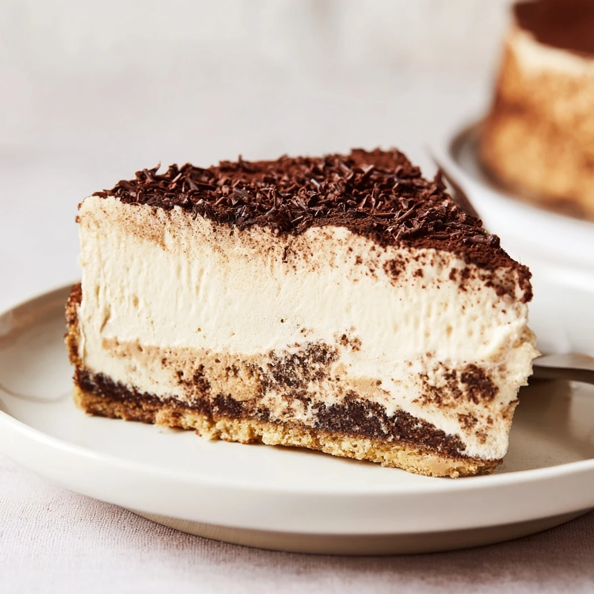 Decadent Creamy Coffee Infused Tiramisu Cheesecake with velvety mascarpone and cocoa dusting