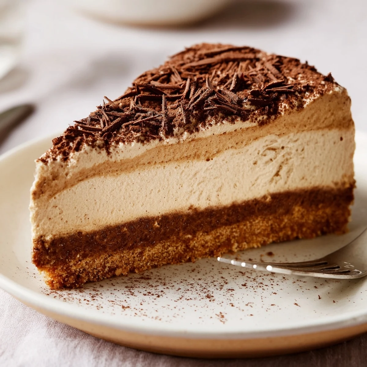 Chilled Decadent Creamy Coffee Infused Tiramisu Cheesecake showing crunchy cookie base, bold espresso
