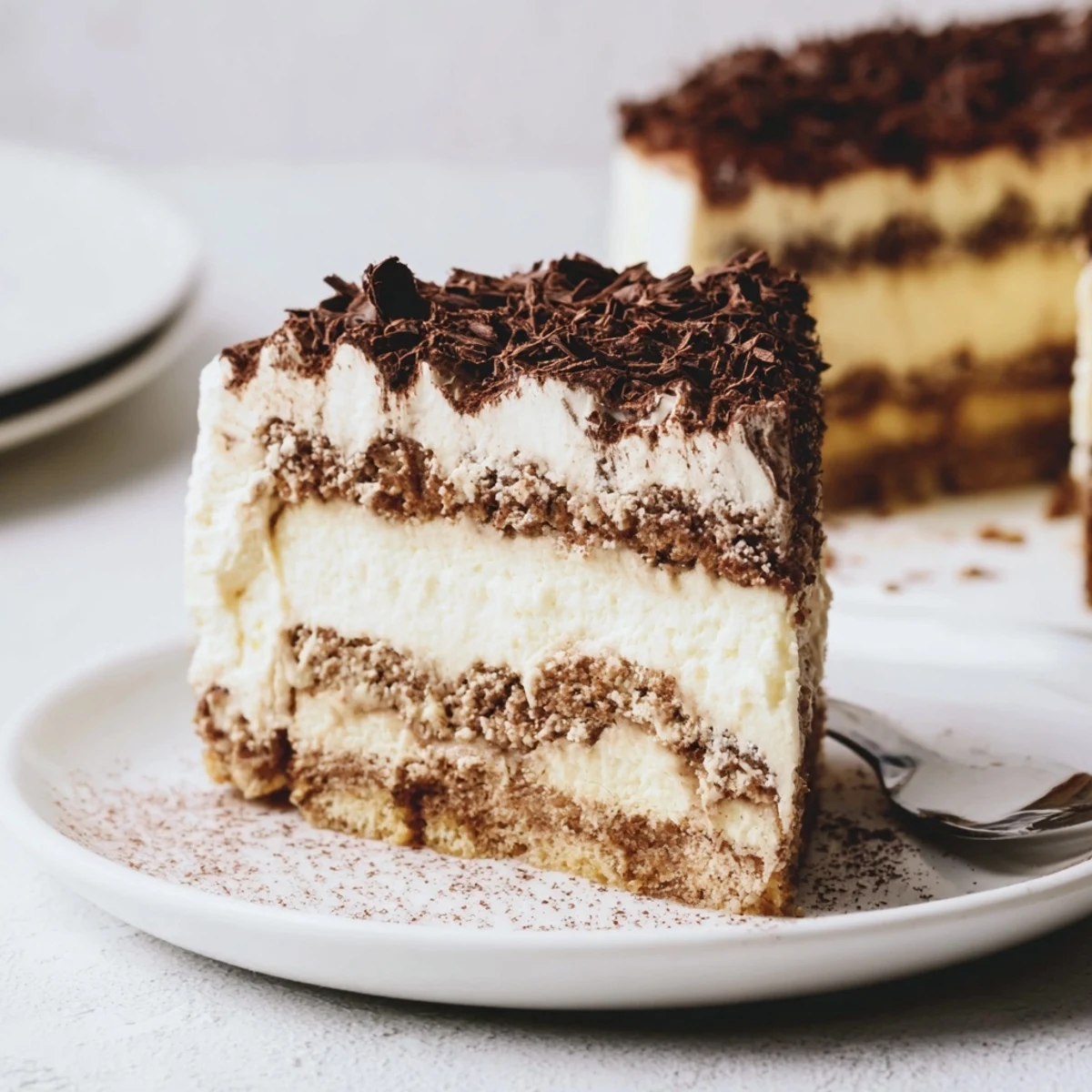 Sliced Decadent Creamy Coffee Infused Tiramisu Cheesecake served with dark roast coffee