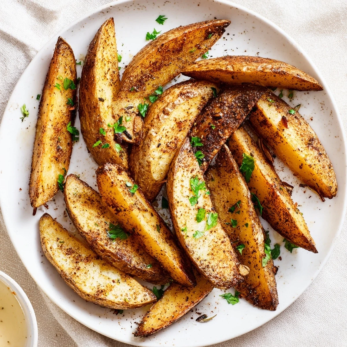 Oven-baked Potato Wedges tossed in paprika, garlic, olive oil, arranged single-layer