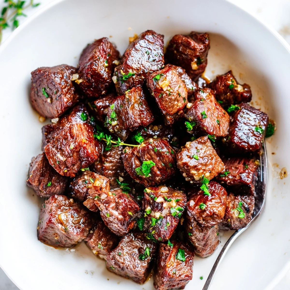 Pan-seared Garlic Butter Steak Bites resting on mashed potatoes, buttery aroma
