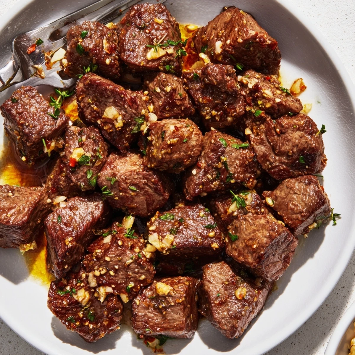 Garlic Butter Steak Bites sizzling in cast-iron, glossy garlic butter, parsley garnish