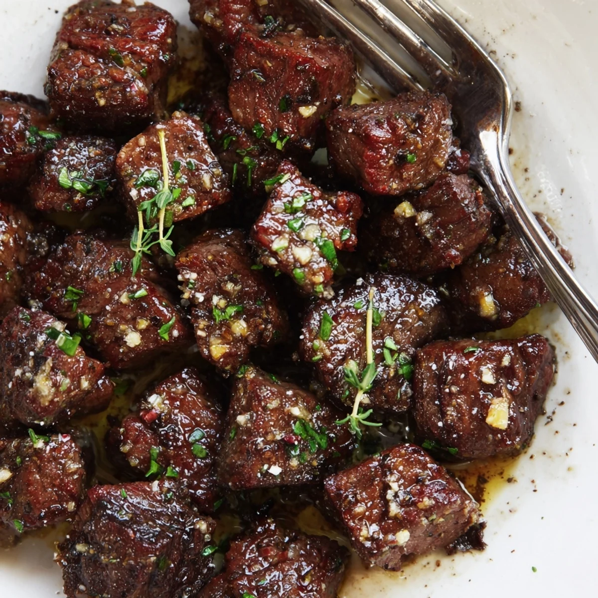 Garlic Butter Steak Bites tossed in glossy butter sauce, tender, herb-sprinkled