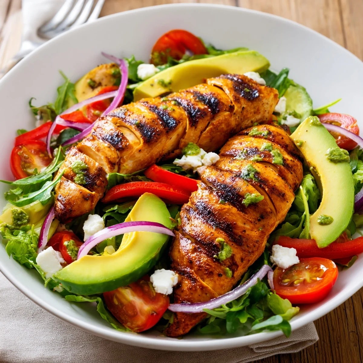 Serve Grilled Chicken Salad Avocado Herb Dressing Recipe with chilled Sauvignon Blanc and lime.