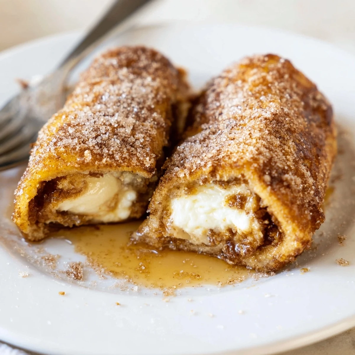 Stacked Cinnamon Roll French Toast Roll Ups served with warm maple syrup drizzle