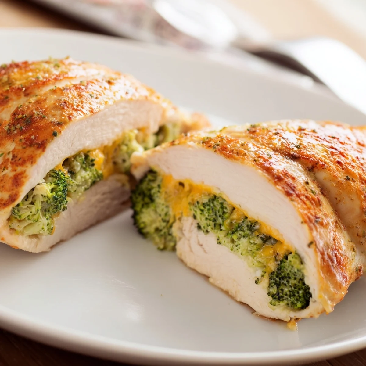 Broccoli Cheese Stuffed Chicken Breast with bubbling cheddar, golden-baked, sliced on plate