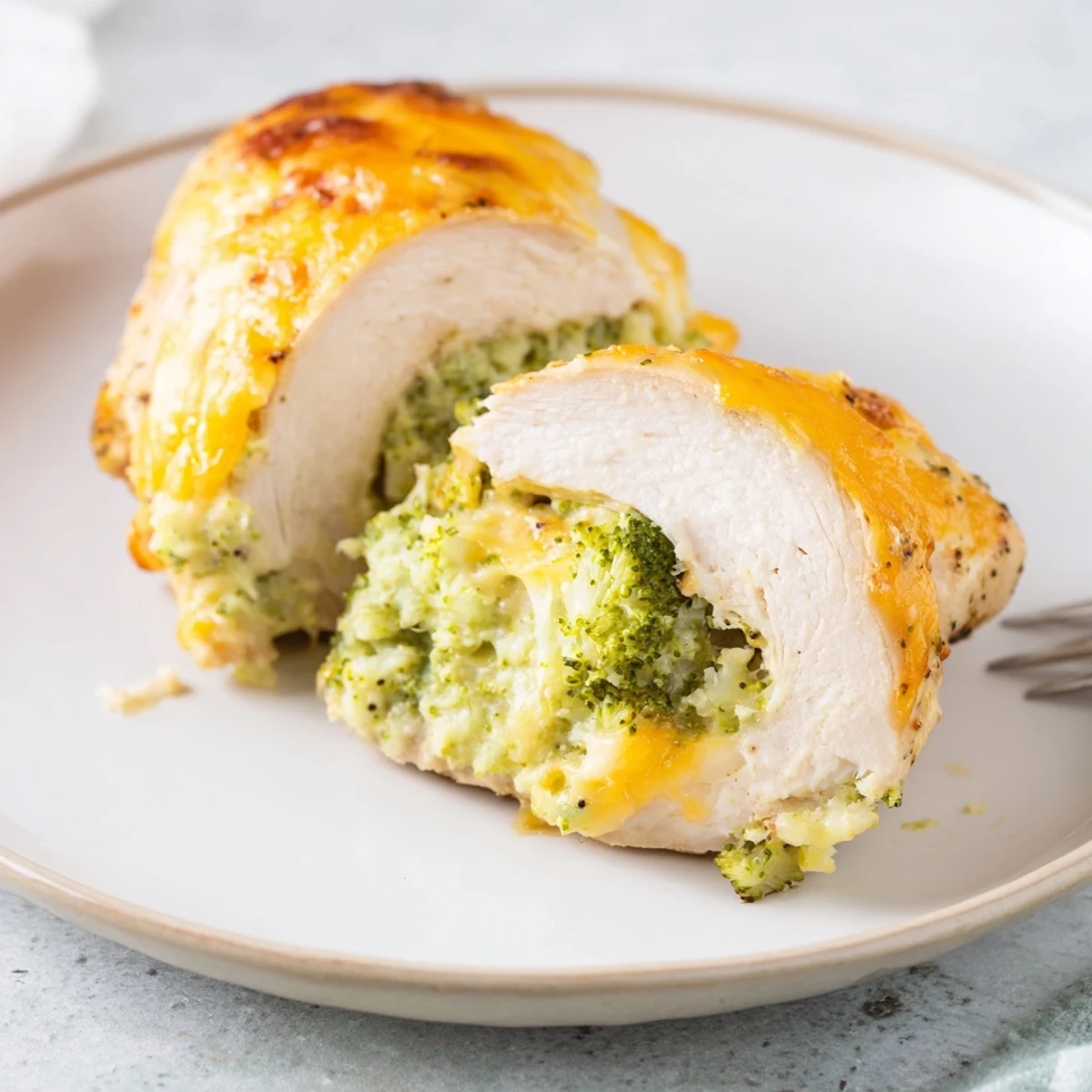 Savory Broccoli Cheese Stuffed Chicken Breast resting, steam rising, ready with salad