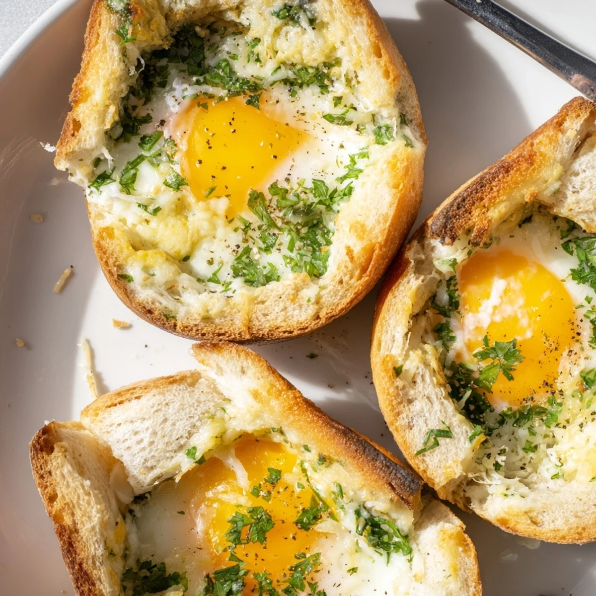 Warm Lazy Garlic Bread Egg Cups served in muffin tin, sprinkled with parsley