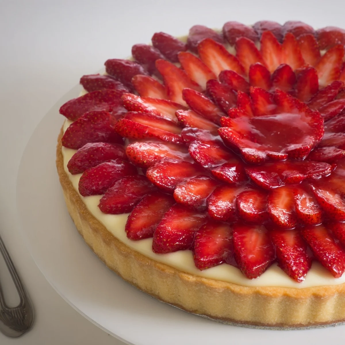 Sliced Tarte aux Fraises on a rustic tart pan, chilled and ready