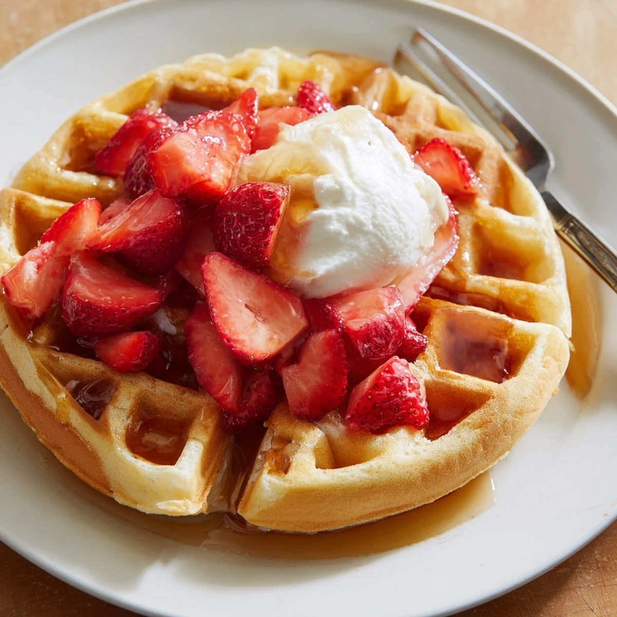 Crisp-edge Strawberry Waffles Recipe with buttery aroma, syrup drizzling down