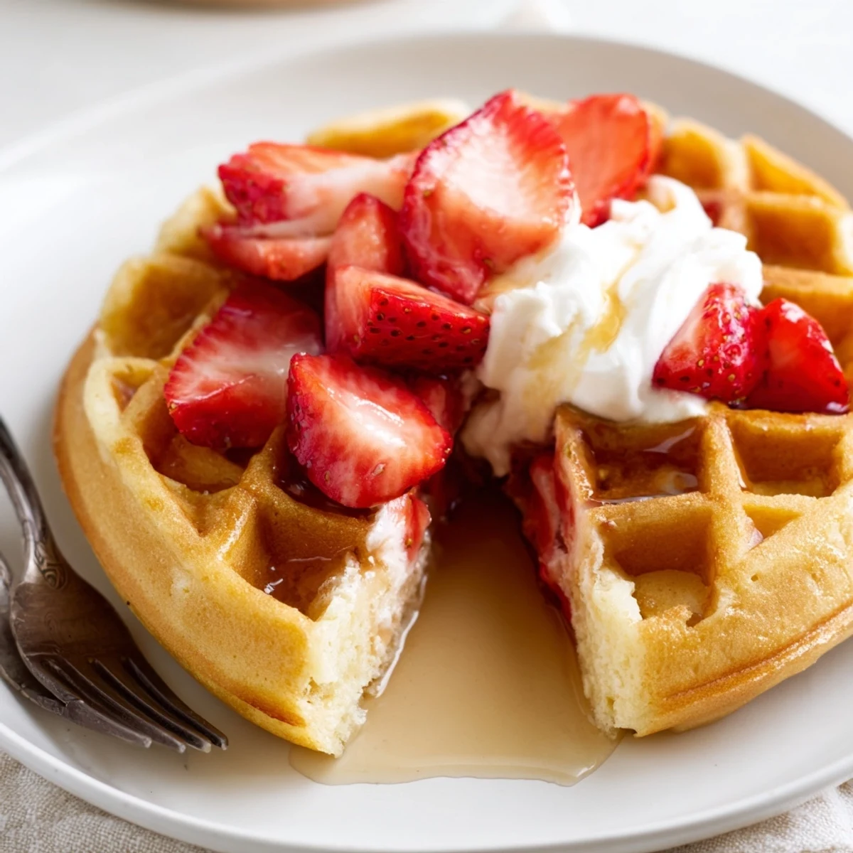 Strawberry Waffles Recipe: golden crisp exterior, fluffy interior topped with maple syrup