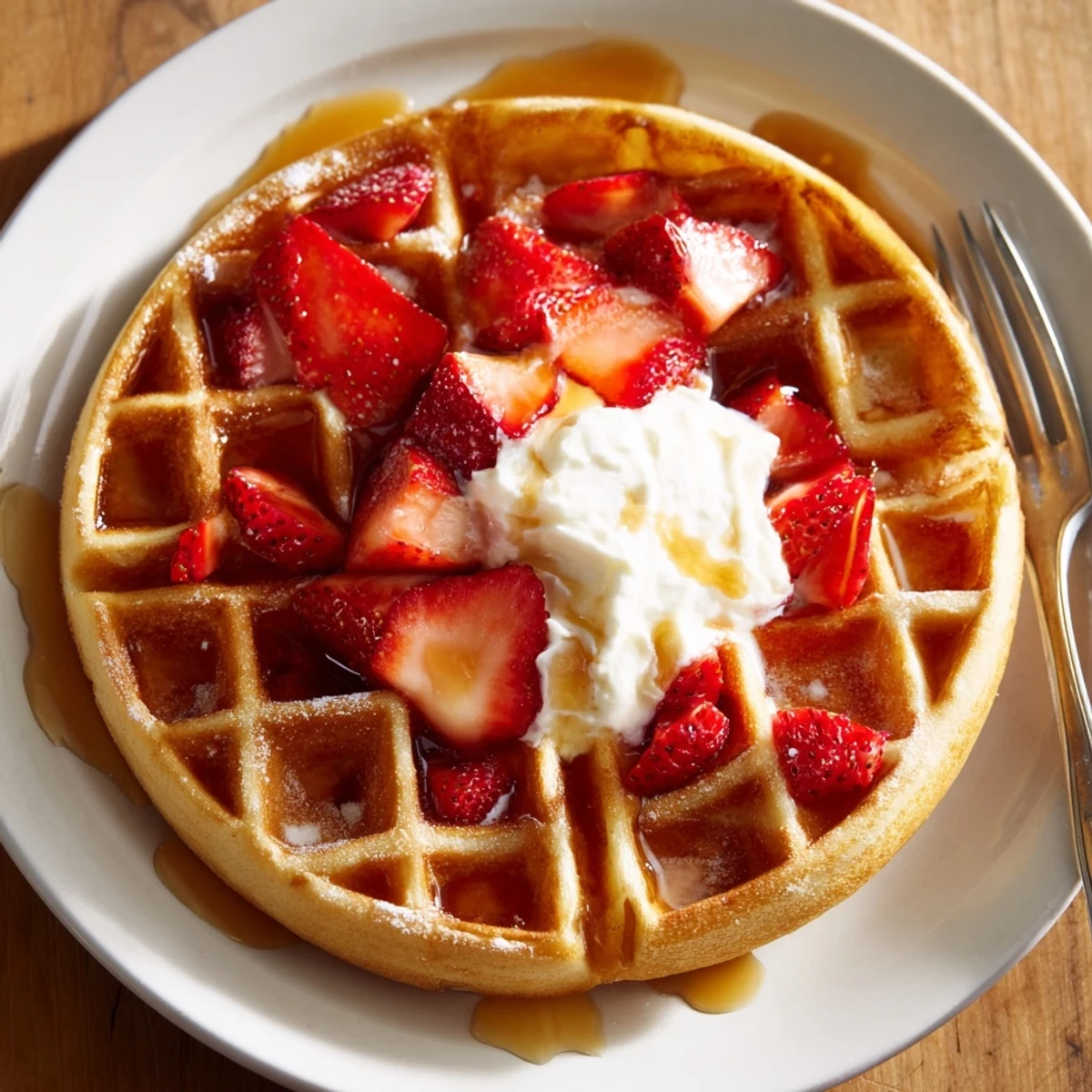 Warm Strawberry Waffles Recipe served with whipped cream and sliced strawberries