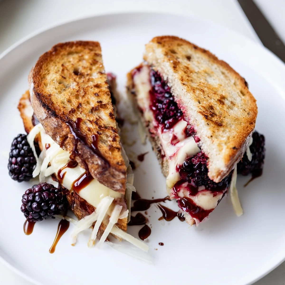 Warm Balsamic Blackberry Bliss Grilled Cheese drizzled with glaze, served with basil
