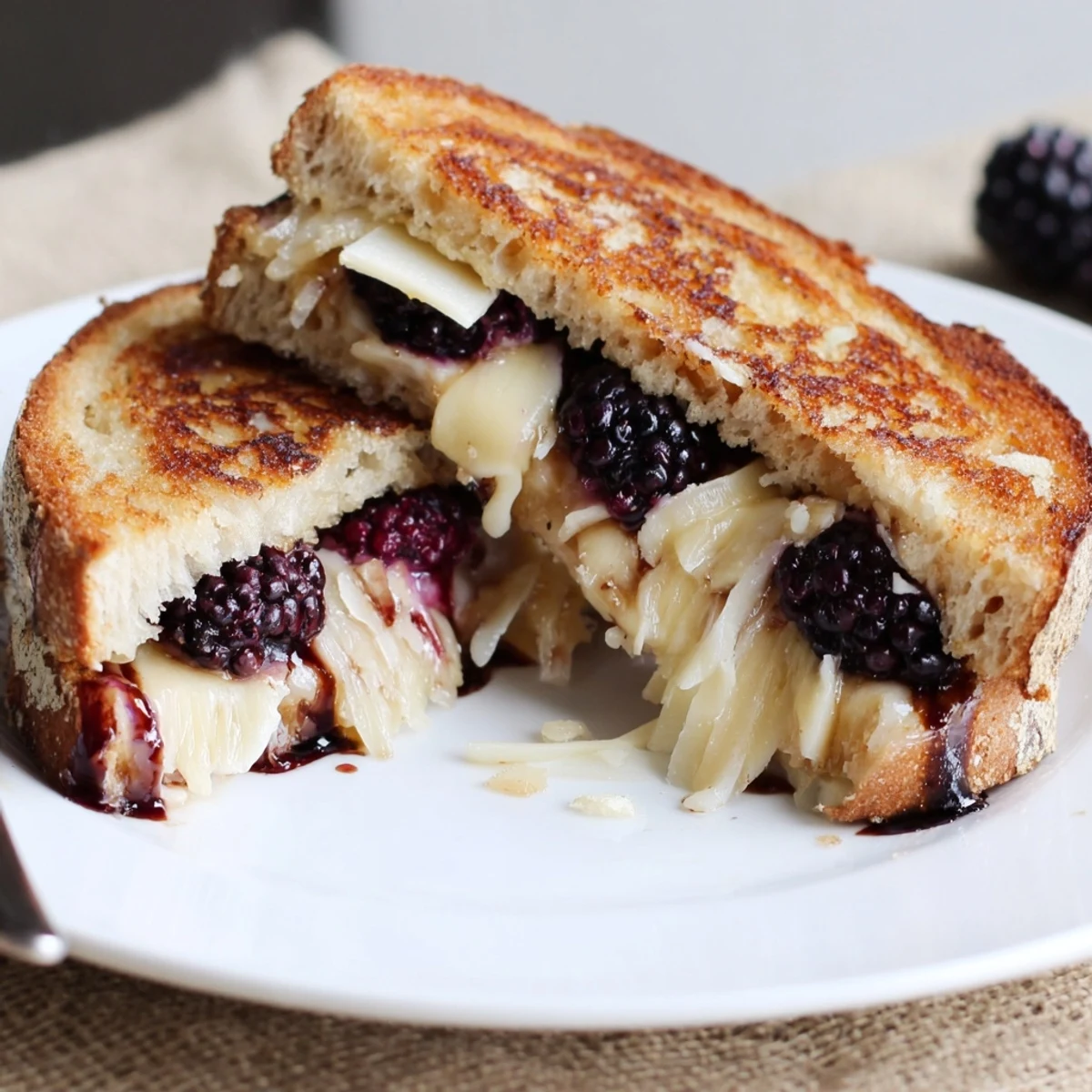 Balsamic Blackberry Bliss Grilled Cheese with melted brie, golden crust, juicy blackberries