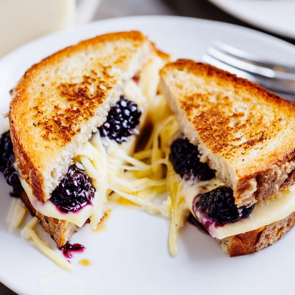 Sourdough Balsamic Blackberry Bliss Grilled Cheese sliced, gooey cheddar and tangy balsamic