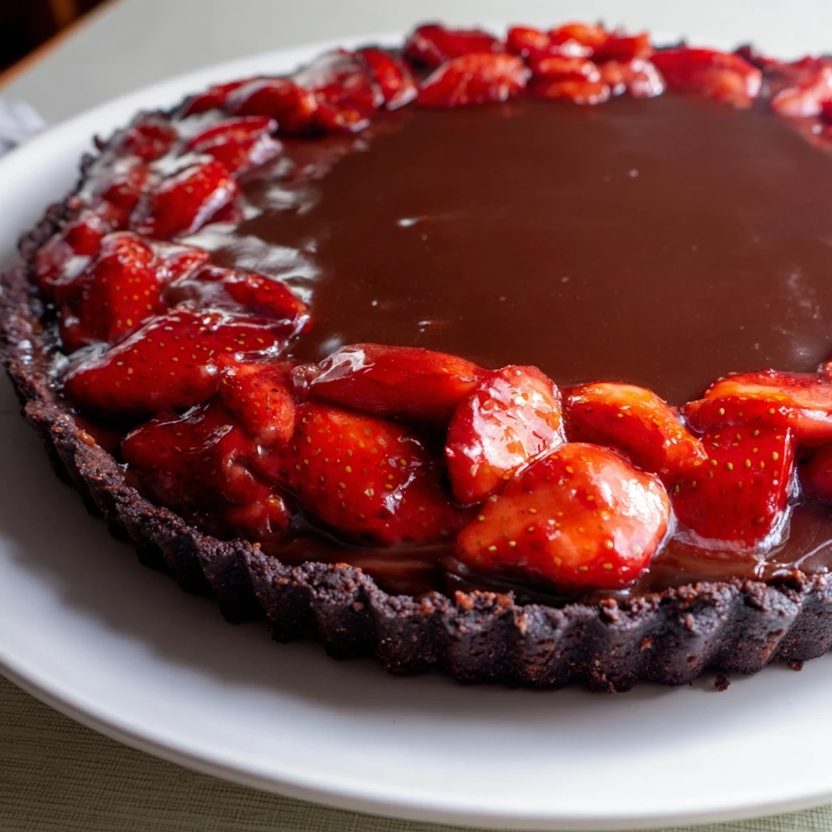 Dark Chocolate Strawberry Tart with glossy ganache and bright halved strawberries