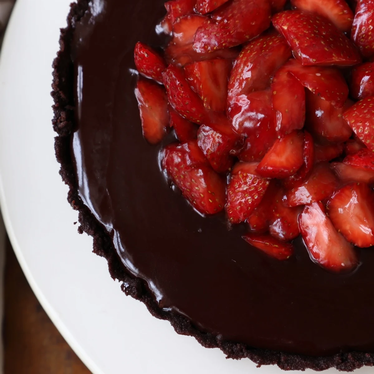 Buttery-crisp Dark Chocolate Strawberry Tart topped with glossy strawberries, ready to serve