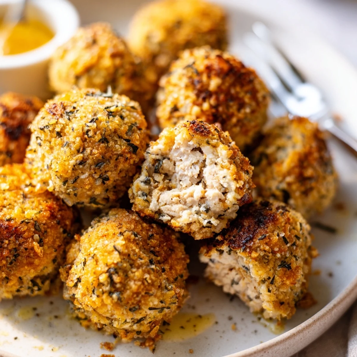 Baked Sage Onion Chicken Balls steaming golden on tray, honey-mustard dip nearby