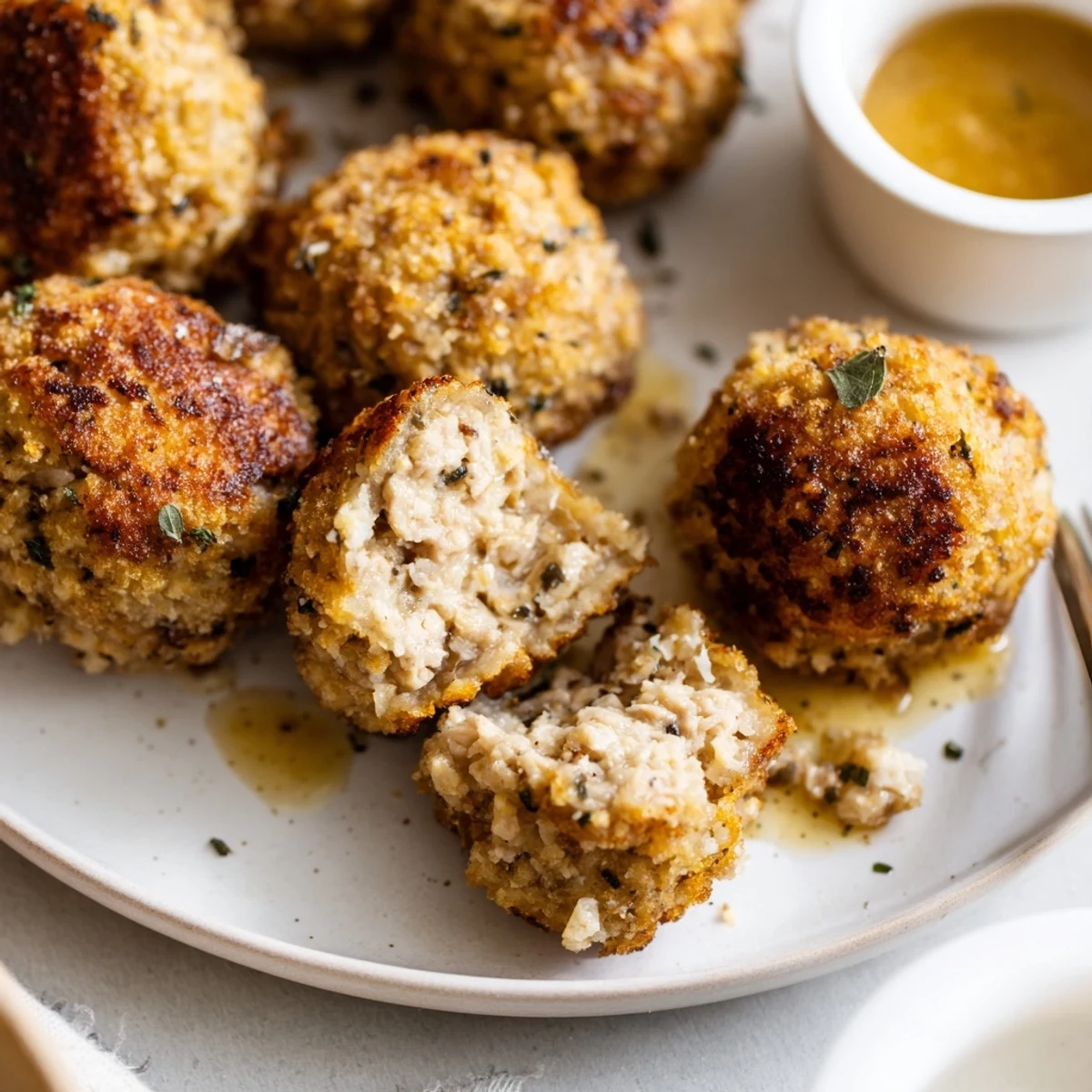 Juicy Sage Onion Chicken Balls with caramelized onions, sage aroma, fork-ready
