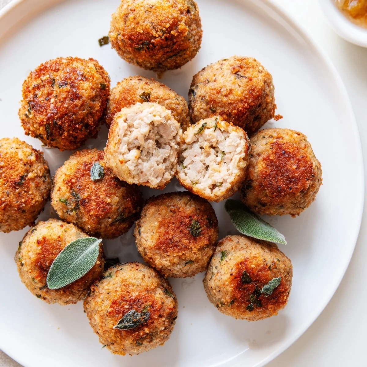 Sage Onion Chicken Balls piled on plate, gluten-free option, perfect appetizer