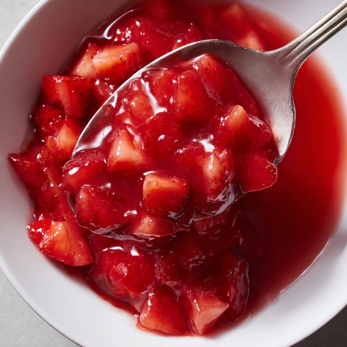 Creamy spoon of Strawberry Cake Filling Recipe cooling in a bowl, ready to spread.
