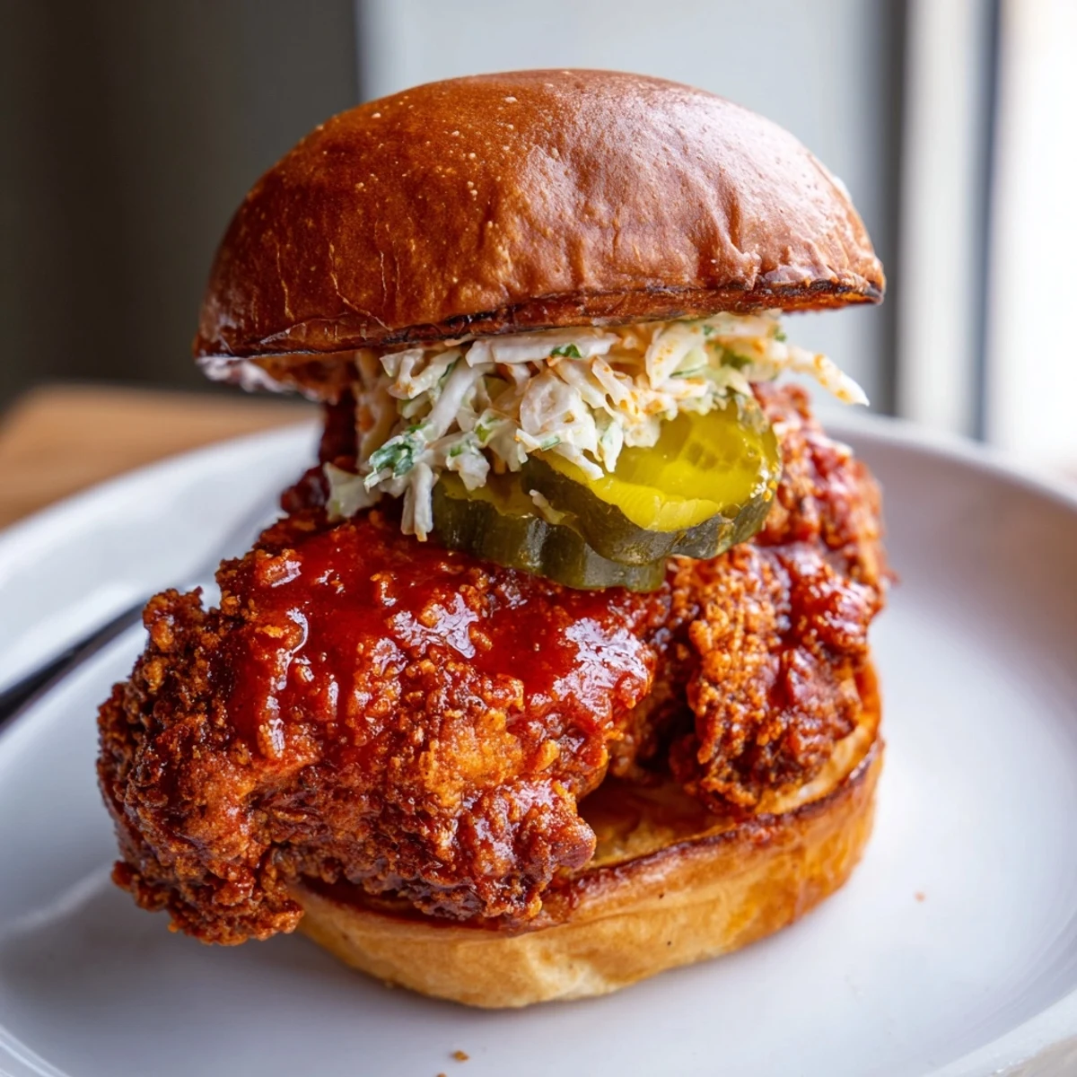 Spicy Nashville Hot Chicken Sandwiches on toasted brioche with creamy slaw and pickles.