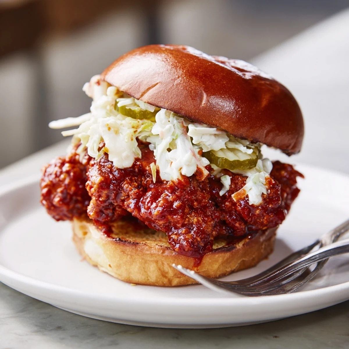 Buttermilk-marinated Spicy Nashville Hot Chicken Sandwiches glistening with fiery oil, served with tea.