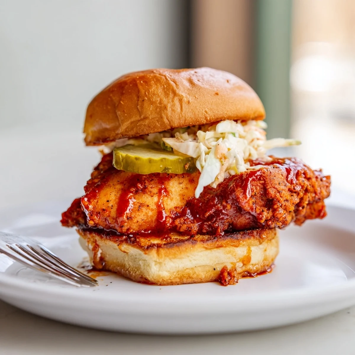 Handheld Spicy Nashville Hot Chicken Sandwiches piled high with tangy pickles and slaw.