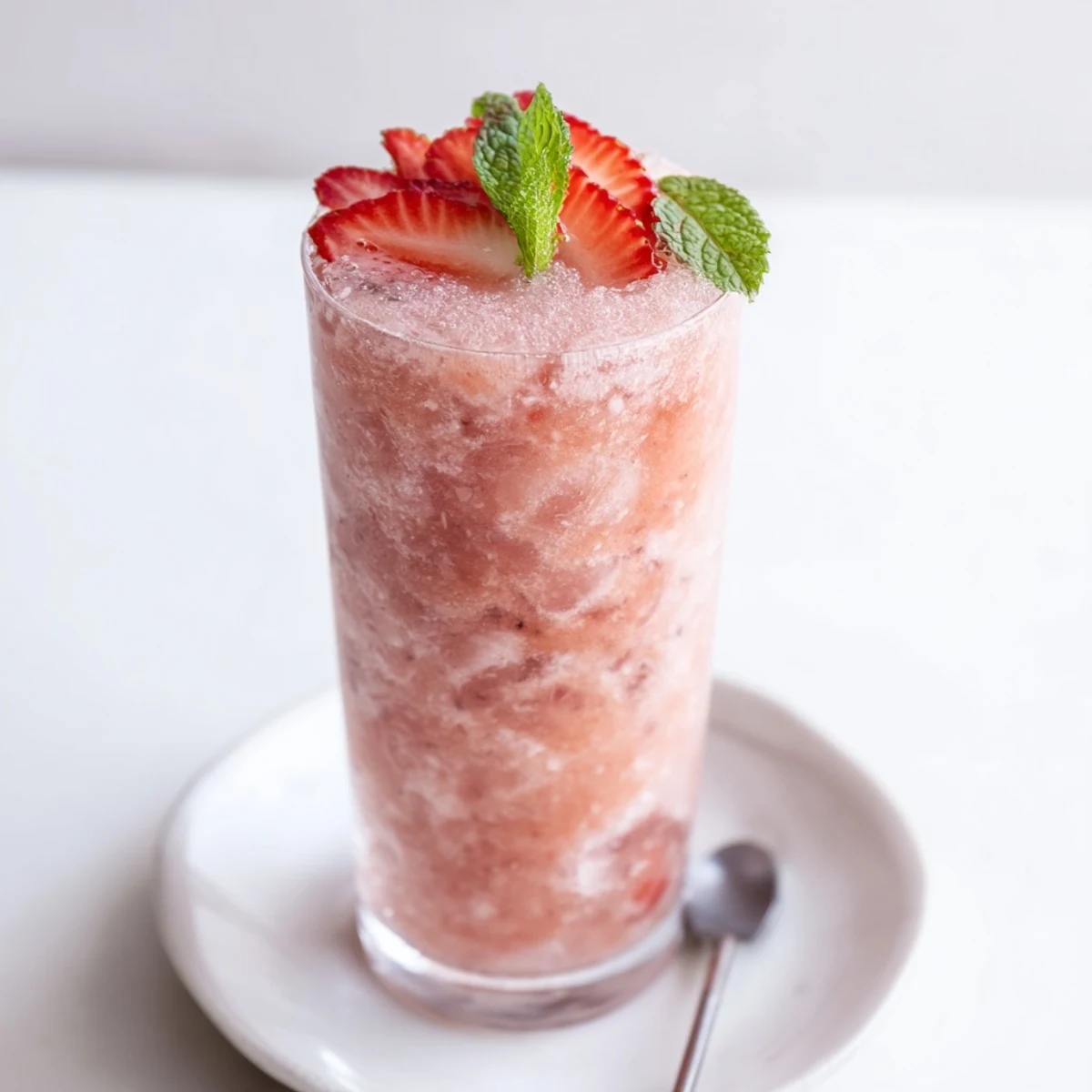 Strawberry Coconut Cooler in chilled glasses, frothy pink drink garnished with mint