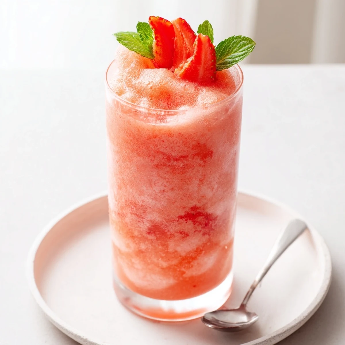 Frothy Strawberry Coconut Cooler recipe blended with coconut milk, ice, fresh strawberries