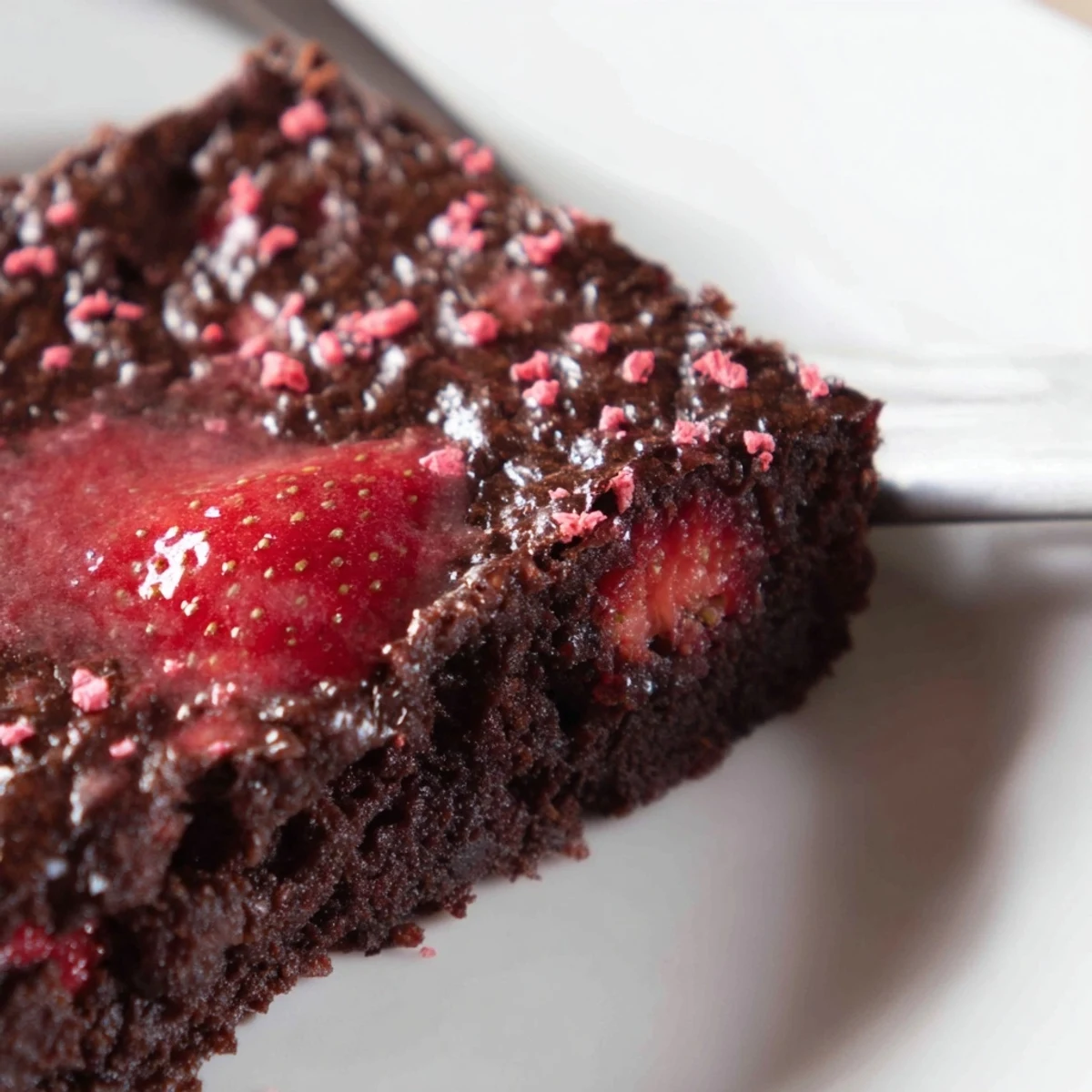 Strawberry Brownies Recipe: fudgy squares glazed with pink strawberry icing, sliced.