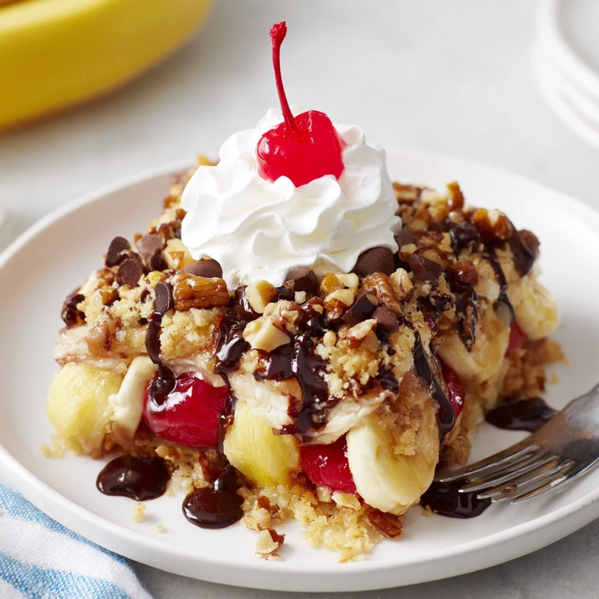 Warm Banana Split Dump Cake bubbling in dish with cherries and whipped cream
