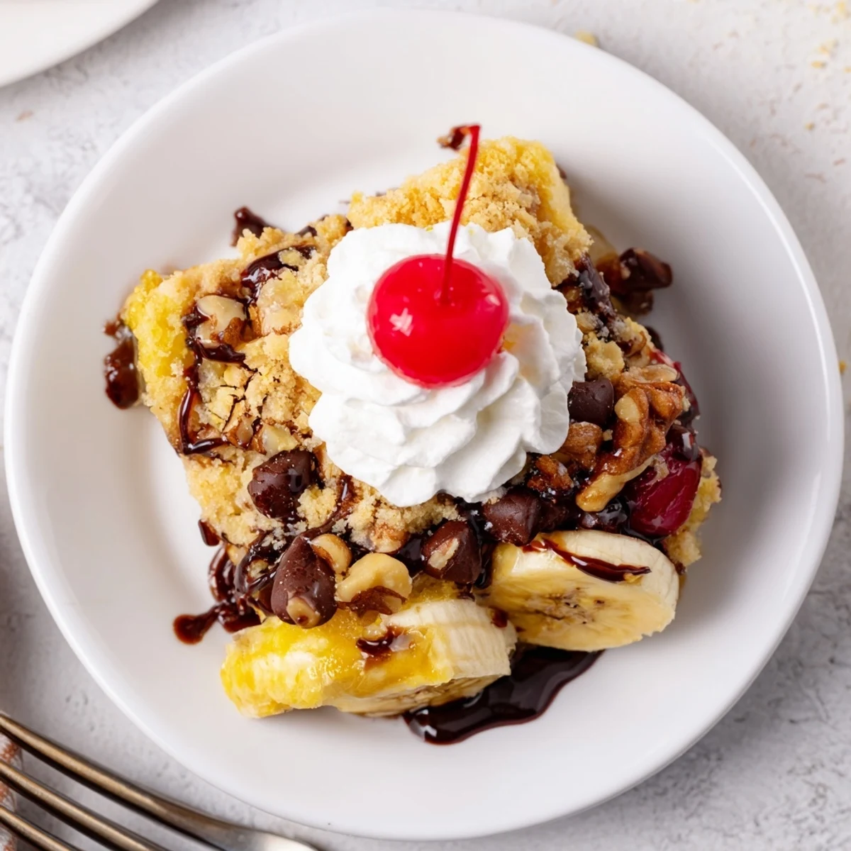 Sliced bananas and pineapple peeking through golden Banana Split Dump Cake