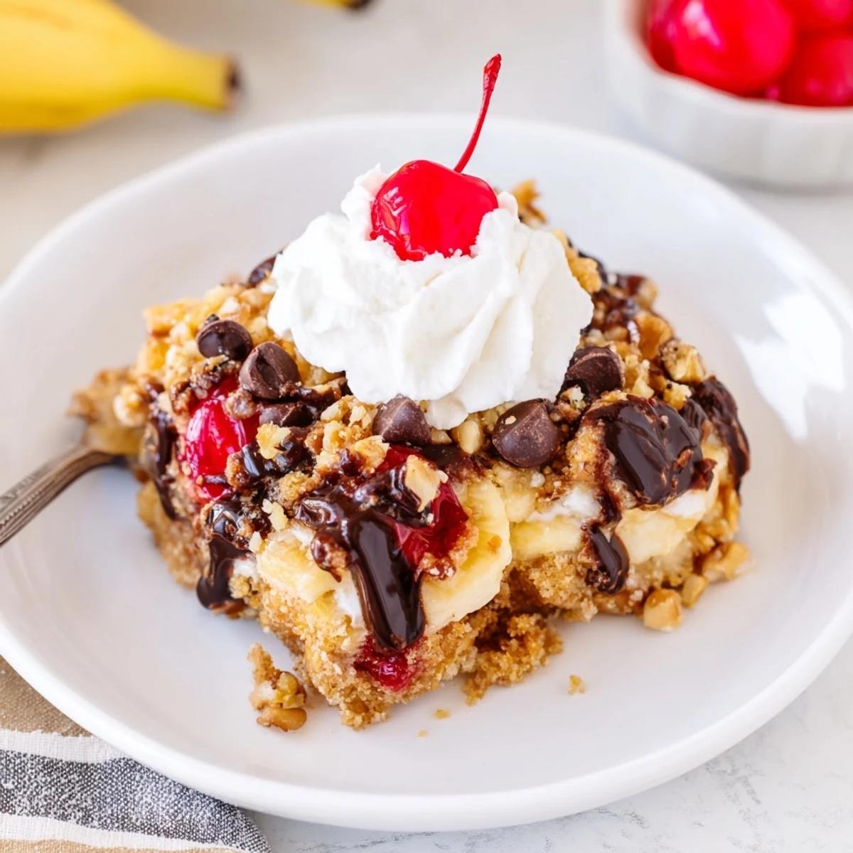 Creamy vanilla ice cream crowning Banana Split Dump Cake with chocolate drizzle