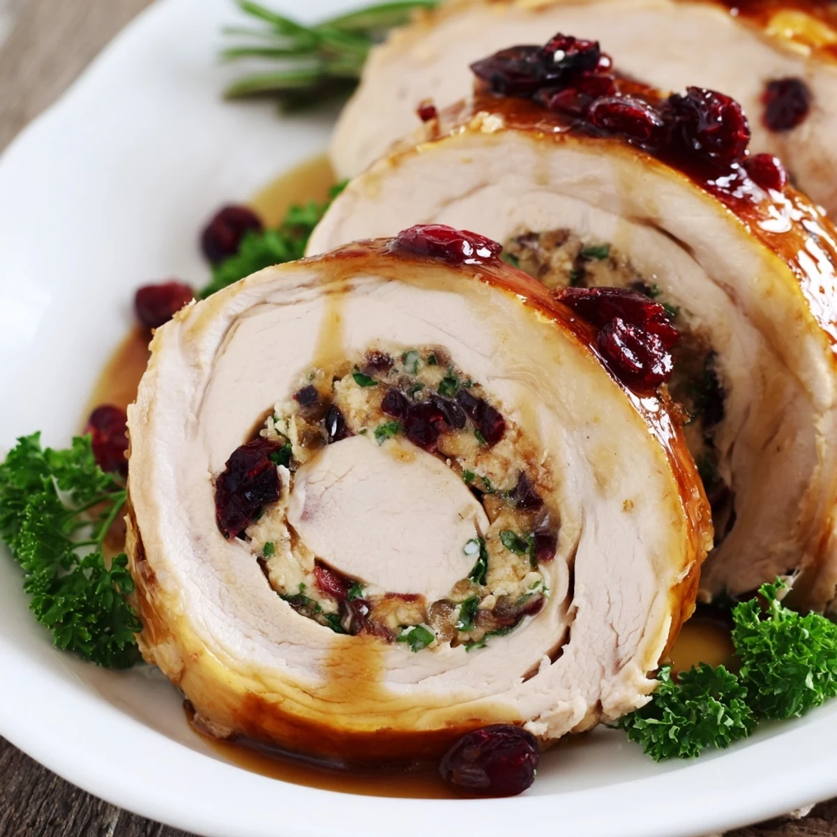 Golden brown glazed turkey breast slice revealing creamy goat cheese and tart cranberry swirl center