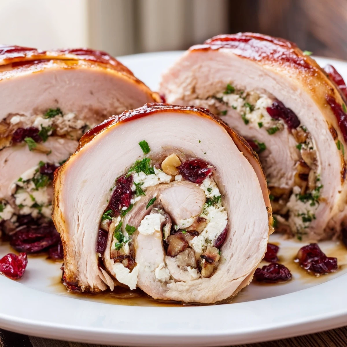 Festive stuffed turkey breast with honey balsamic glaze and ruby red cranberry cheese spiral