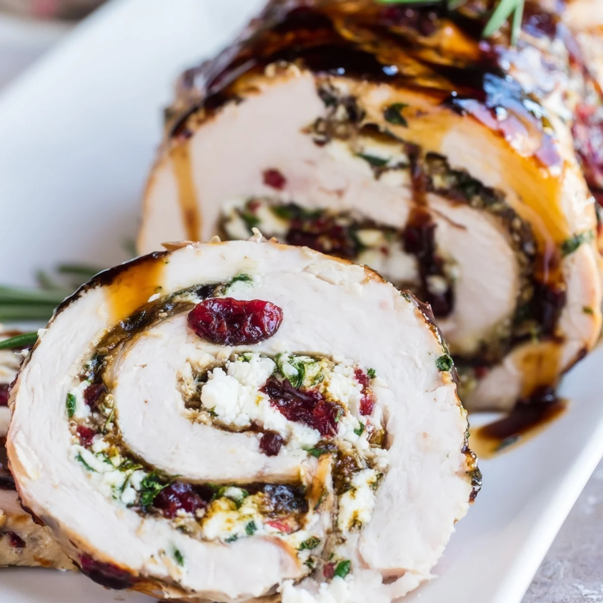 Succulent roasted turkey roll sliced to showcase vibrant cranberry goat cheese filling on white platter