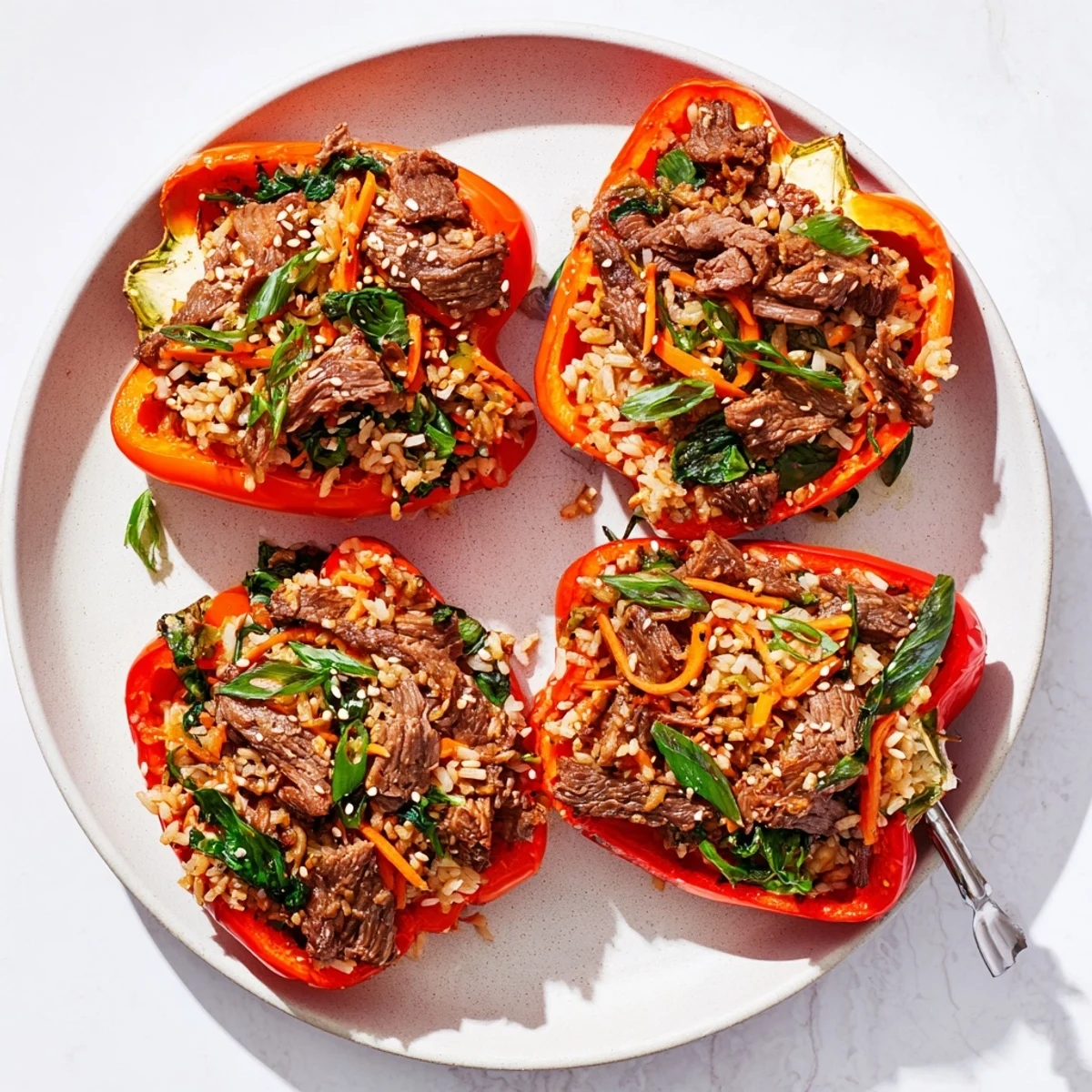 Roasted bell peppers brimming with savory Korean beef bulgogi and fluffy seasoned rice