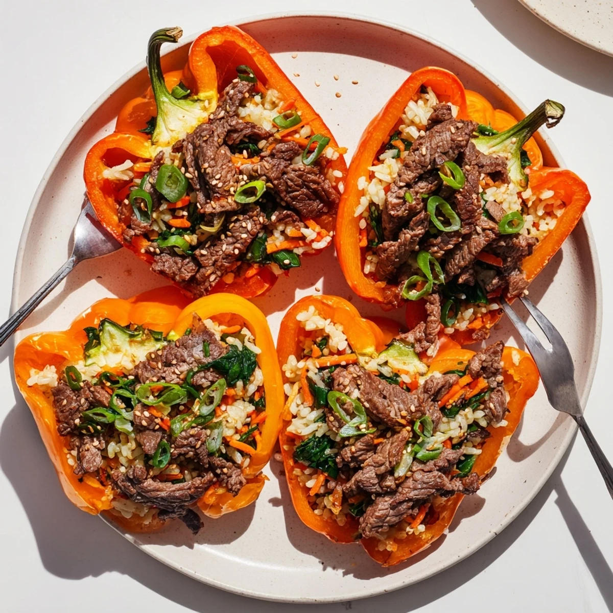 Tender baked peppers filled with sweet soy beef bulgogi mixture over steaming white rice