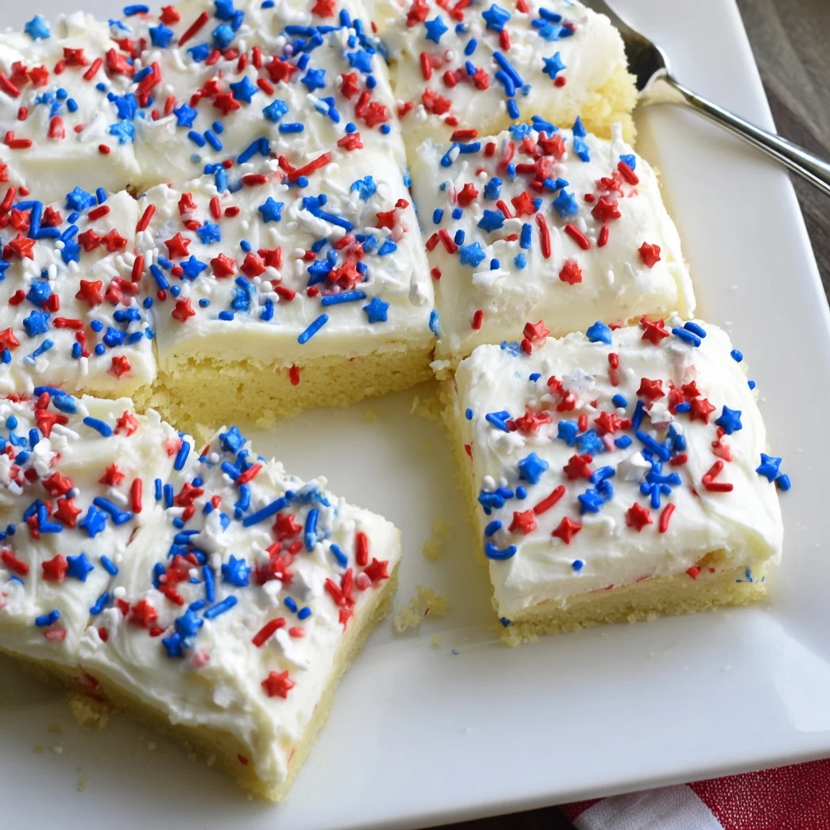 Soft 4th of July sugar cookie bars topped with creamy white frosting and patriotic red white blue sprinkles