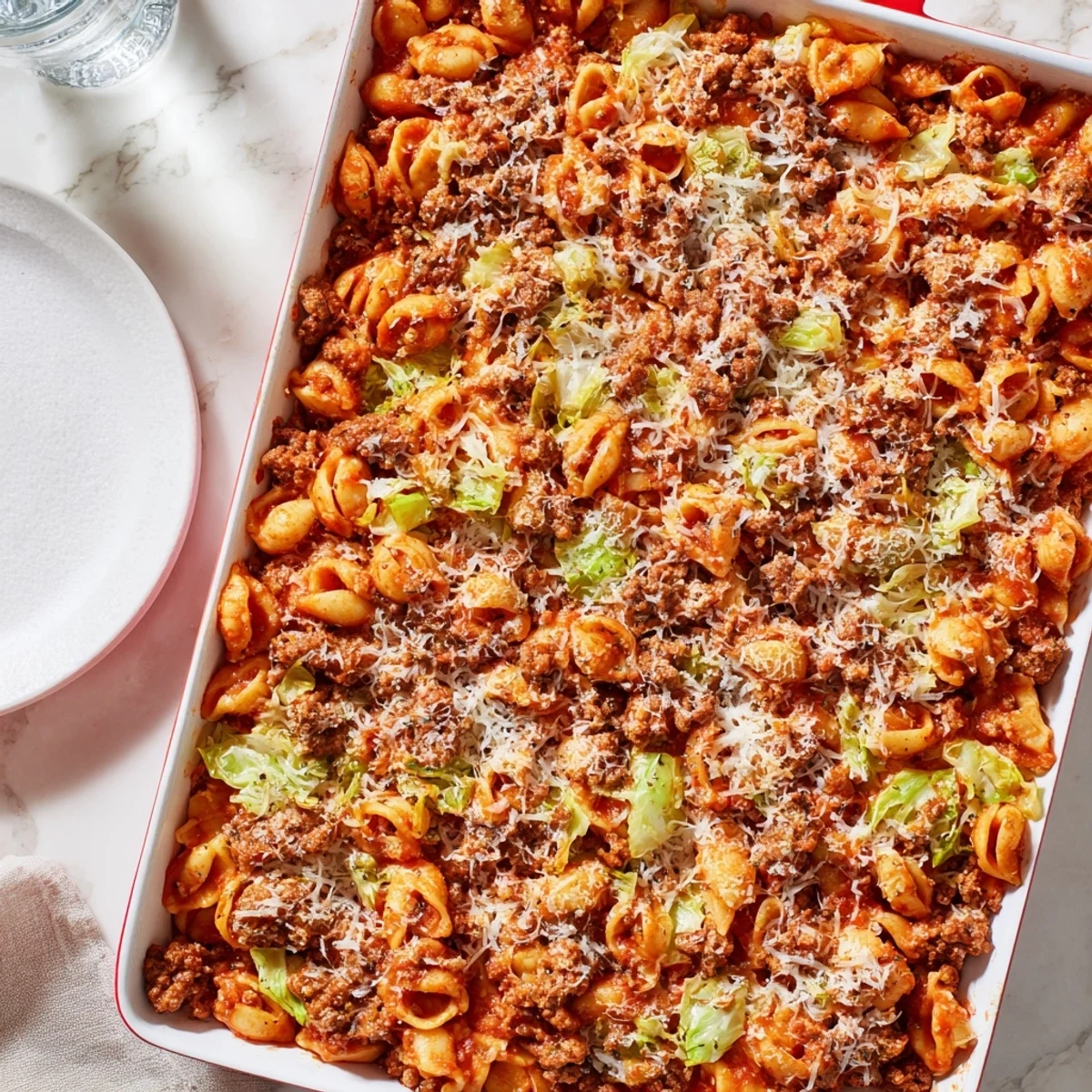 Bubbling cabbage roll pasta bake with melted mozzarella over beef and tomato sauce