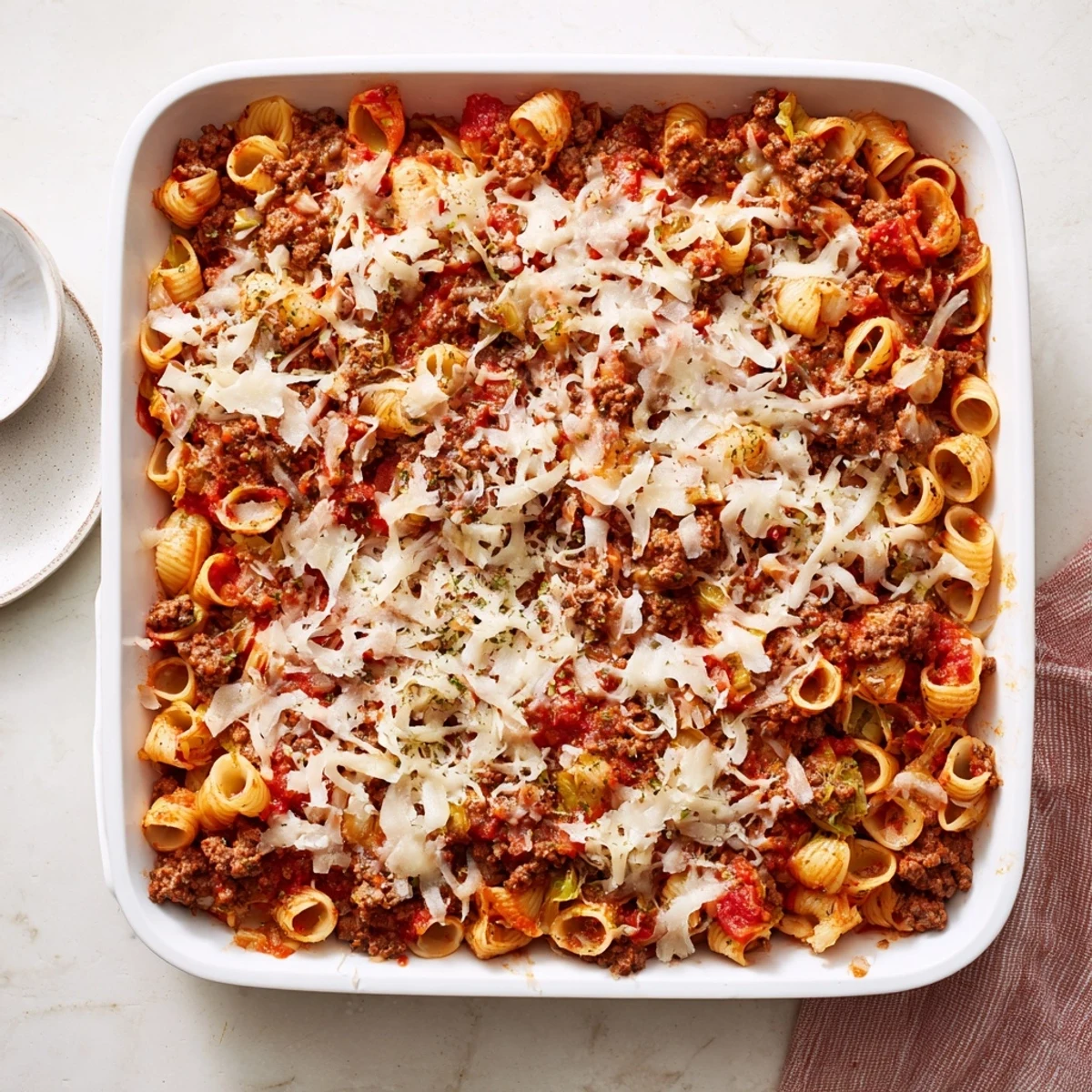Golden cheesy cabbage roll pasta bake showcasing tender noodles ground beef and rich tomato sauce