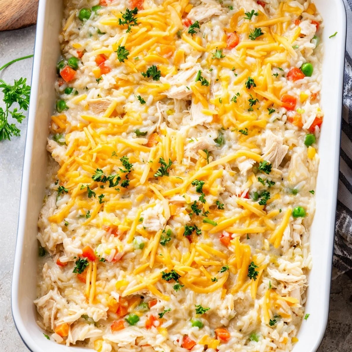 Creamy baked chicken and rice casserole with bubbly cheese sauce and colorful mixed vegetables