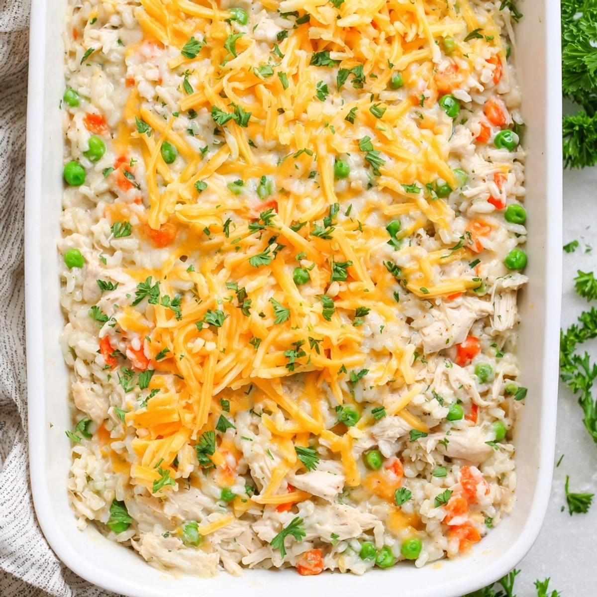 Golden brown chicken and rice casserole topped with melted cheddar cheese and vibrant peas