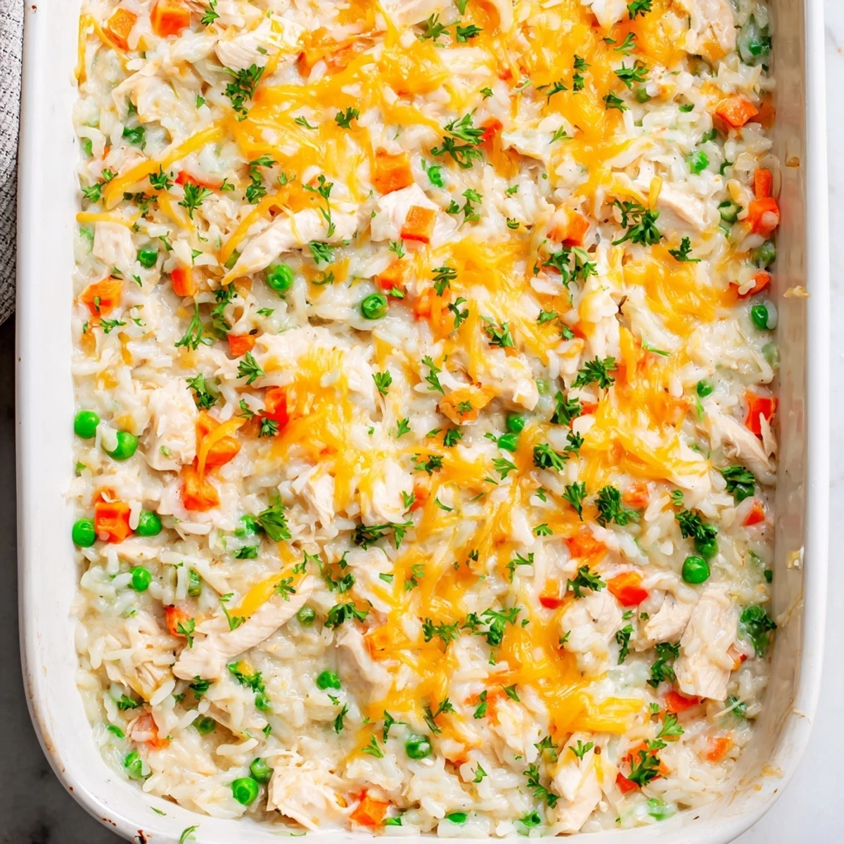 Comforting chicken and rice bake featuring tender meat in a rich creamy cheese sauce